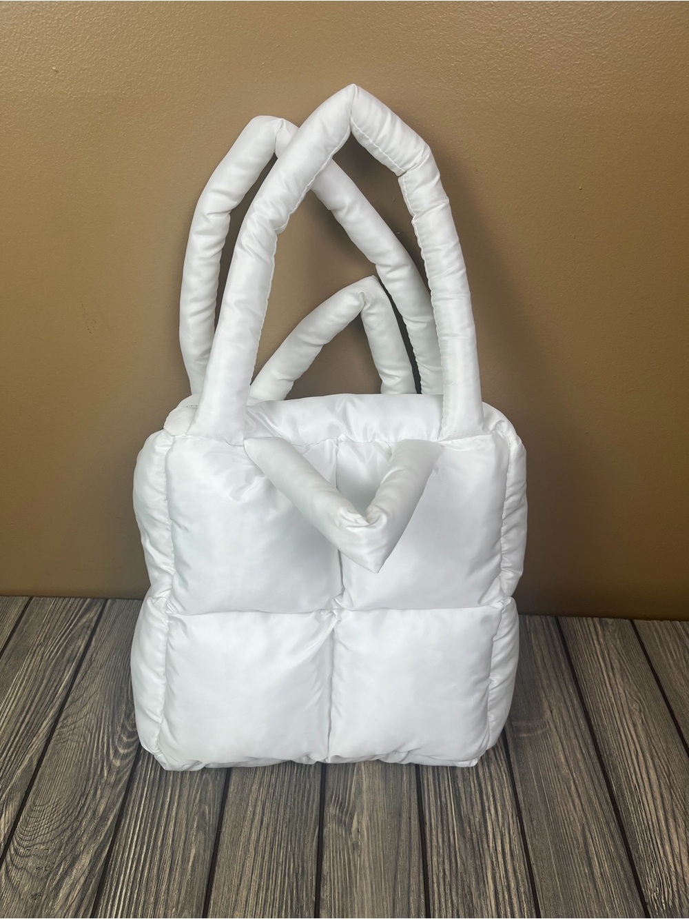 White Quilted Puffer Tote Bag Purse